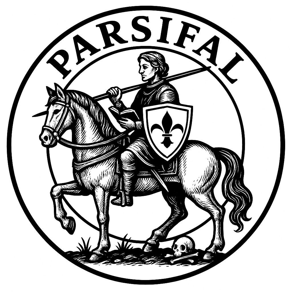 Parsifal, il cavaliere puro dal cuore ardente, cavalca instancabile con il libro in una mano e la lancia nell’altra: simbolo vivente di pensiero che si fa azione, di intelletto che non si separa mai dalla spada. Sul suo scudo splende il giglio, fiore di purezza e di luce, lo stesso giglio che da sempre campeggia sulla bandiera del Centro Studi e Ricerca Cittadella. Esso ci ricorda che la fede autentica non muore, resiste alle tempeste del tempo e continua a fiorire anche sulla terra arida, tra le ossa dei morti e le rovine del mondo. Parsifal è il nostro emblema: un richiamo eterno a quella giovinezza dello spirito che unisce contemplazione e combattimento, bellezza e coraggio, verità e militanza.